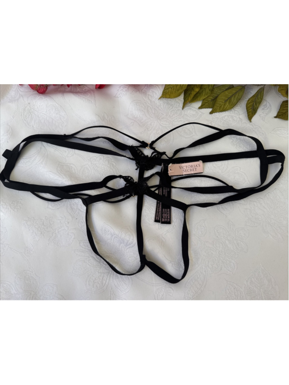 Victoria Secret M Very Sexy Crotchless Open Black Butterfly Strappy Cage Panties